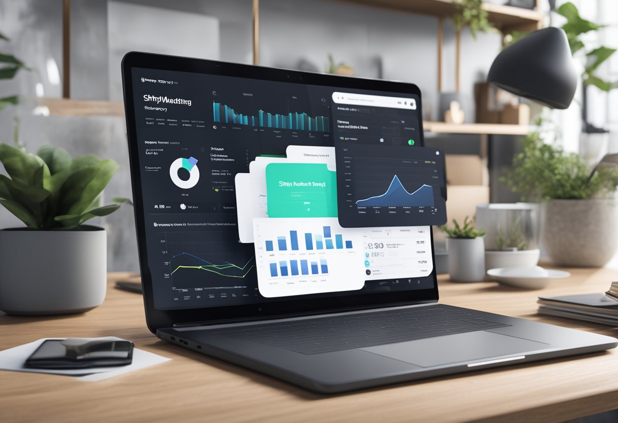 A laptop displaying a Shopify dashboard with email marketing and CRO tabs open, surrounded by marketing materials and analytics charts
