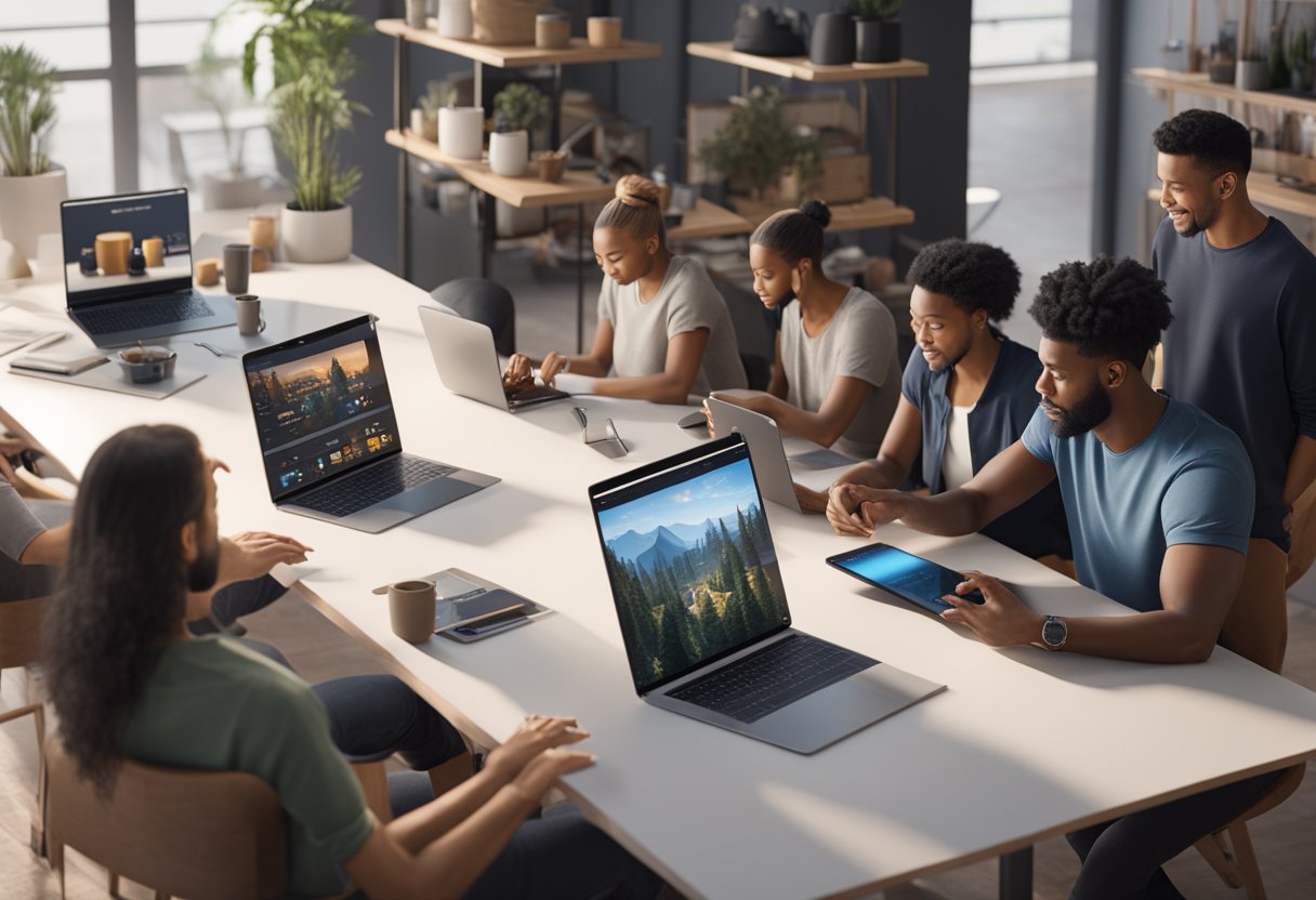 A diverse group of people using various devices to access and interact with an online store, with clear and easy-to-navigate interfaces and options for customization