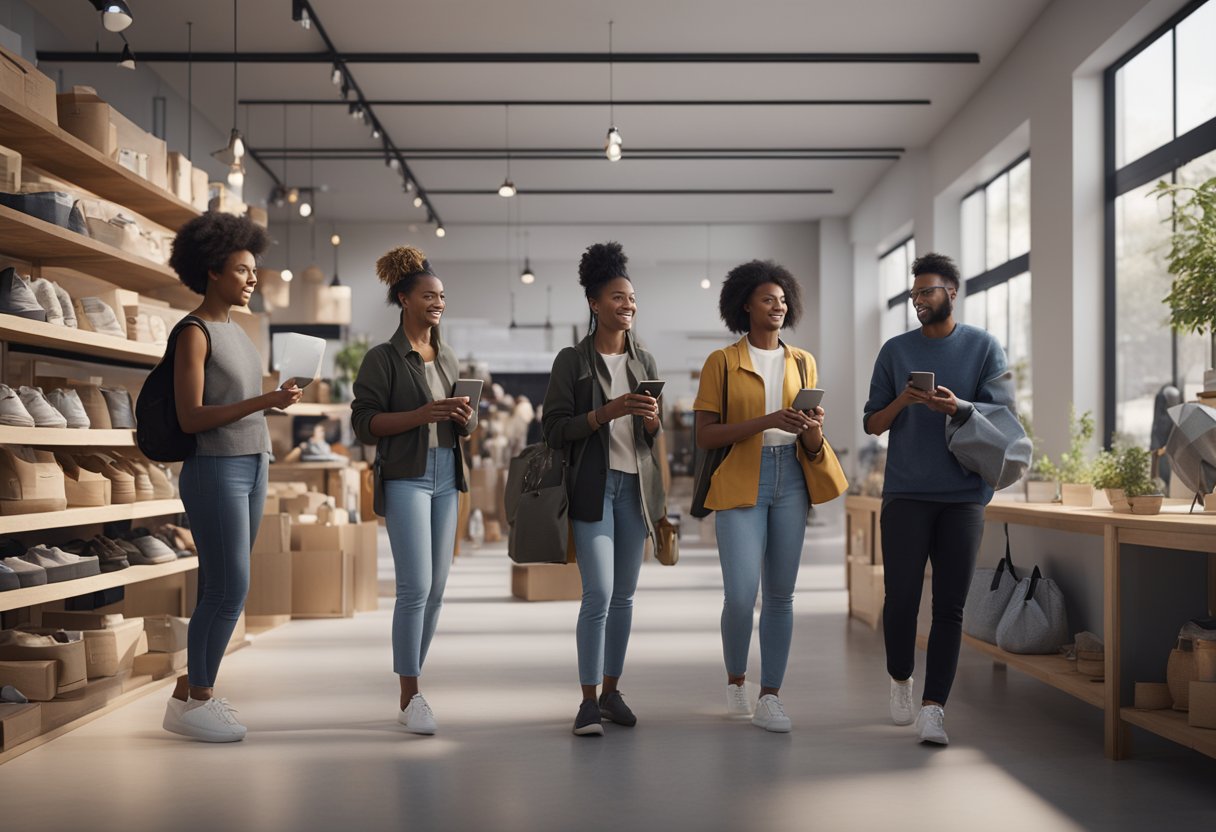 A diverse group of people using various devices to access an online store, with clear and easy-to-navigate features for all users