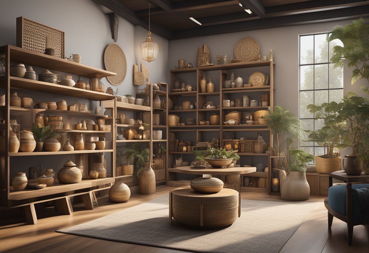 A diverse array of products displayed with cultural symbols and designs, attracting customers of various backgrounds