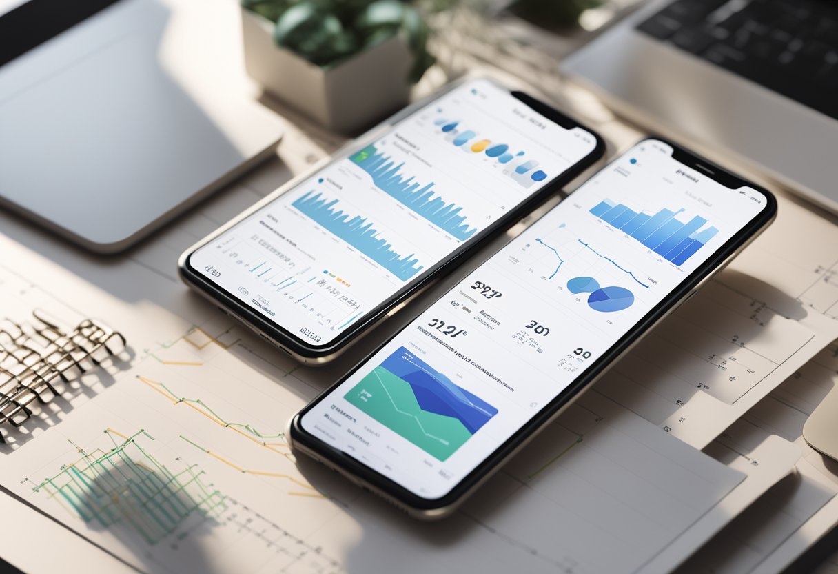 A mobile device displaying Shopify analytics charts and graphs, surrounded by data points and growth metrics