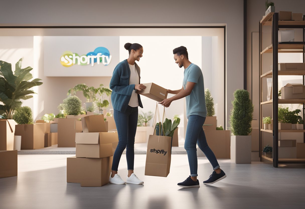 A customer happily receives a package with the Shopify logo, surrounded by a seamless and enjoyable online shopping experience