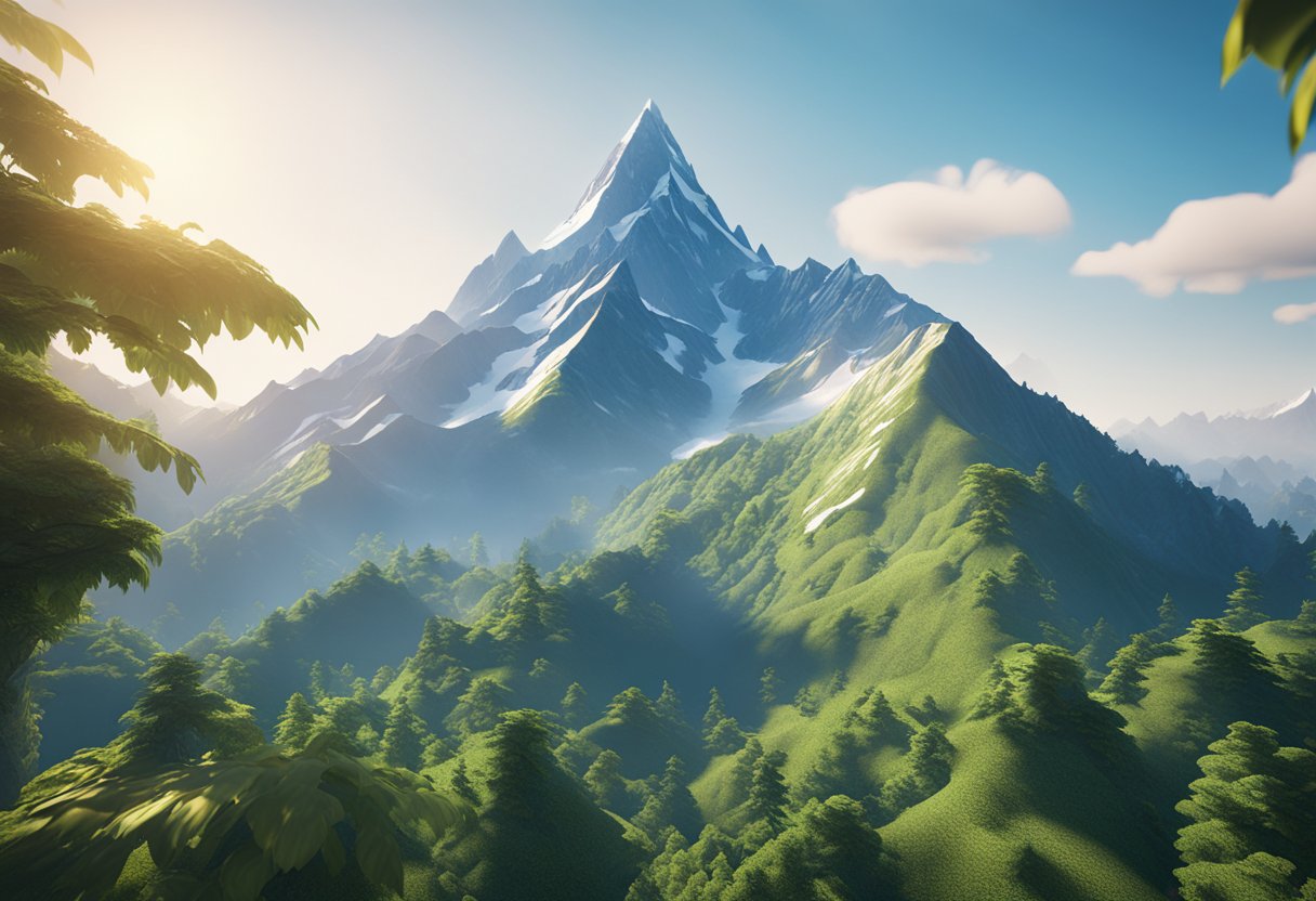A vibrant mountain peak with a Shopify logo flying high, surrounded by lush greenery and clear blue skies