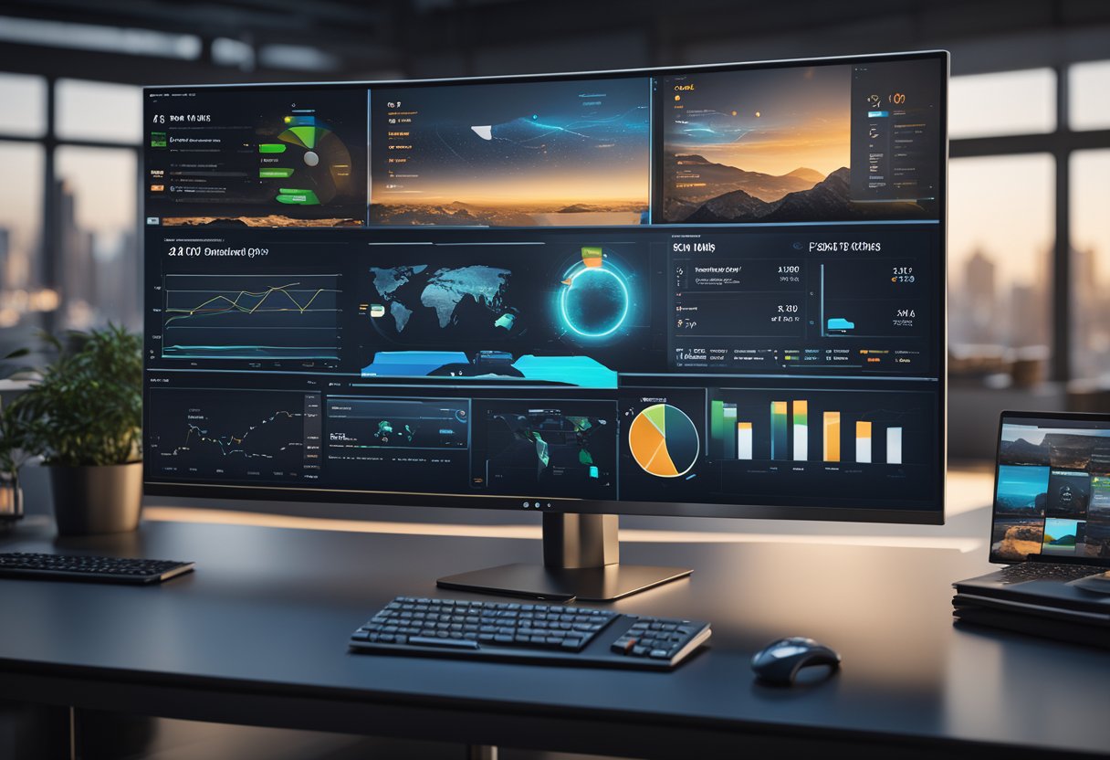 A sleek, modern computer monitor displays a dynamic dashboard of data and analytics, surrounded by vibrant, global marketing imagery