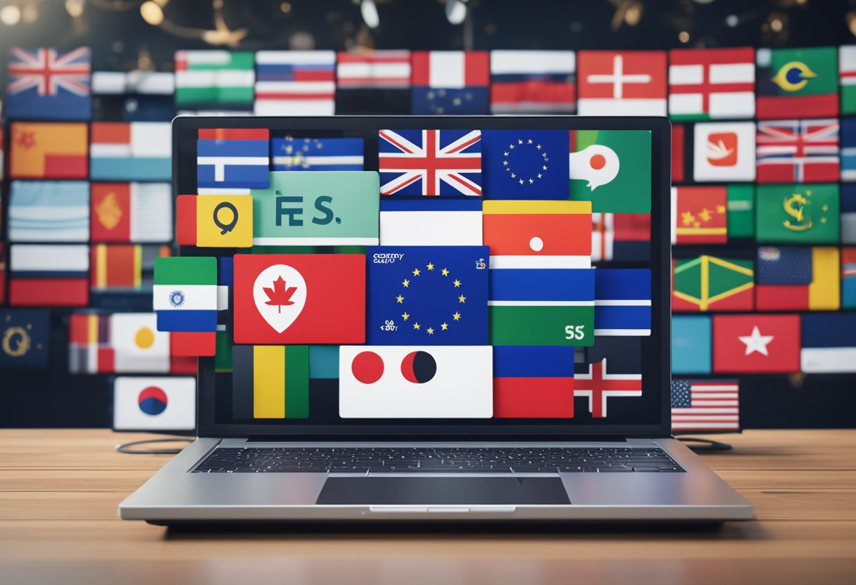 A laptop displaying a Shopify store with global SEO optimization tools and analytics, surrounded by international flags and currency symbols