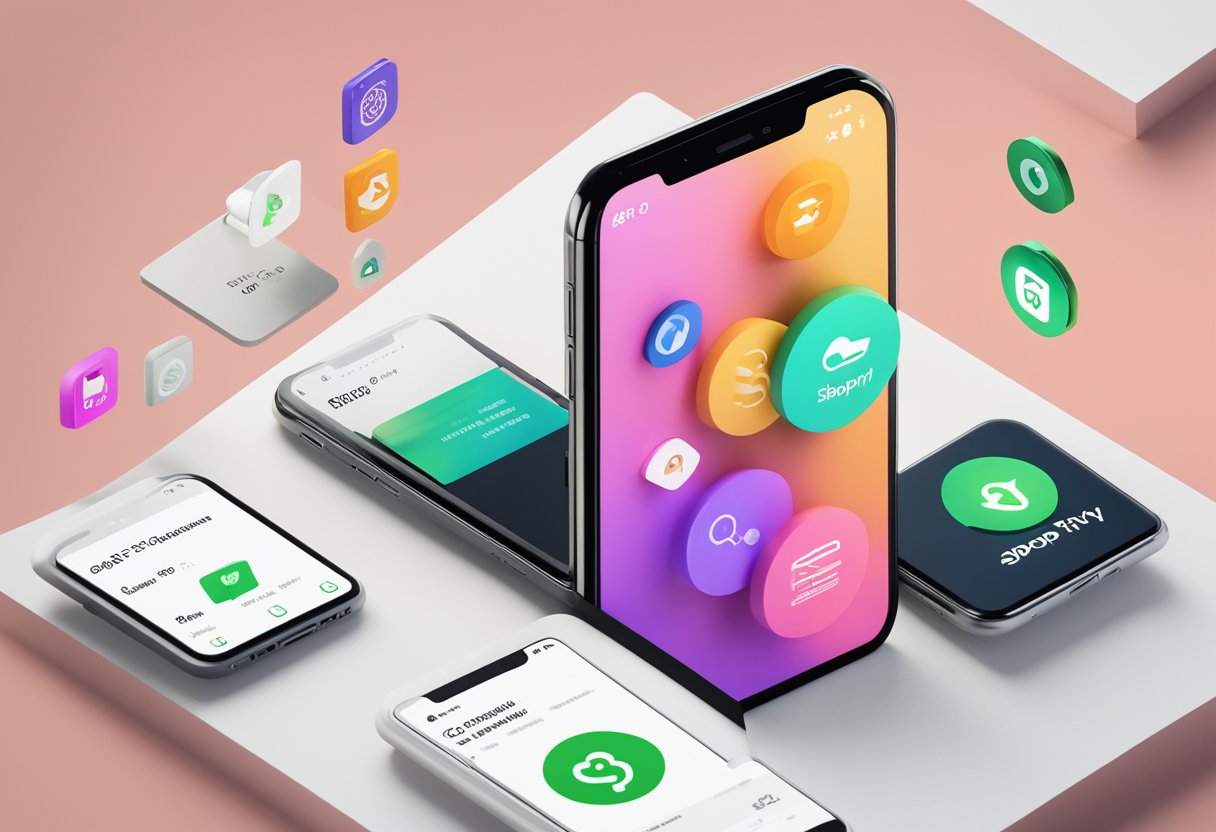 A mobile phone displaying a Shopify app with optimized SEO settings, surrounded by various growth and conversion-related icons and symbols