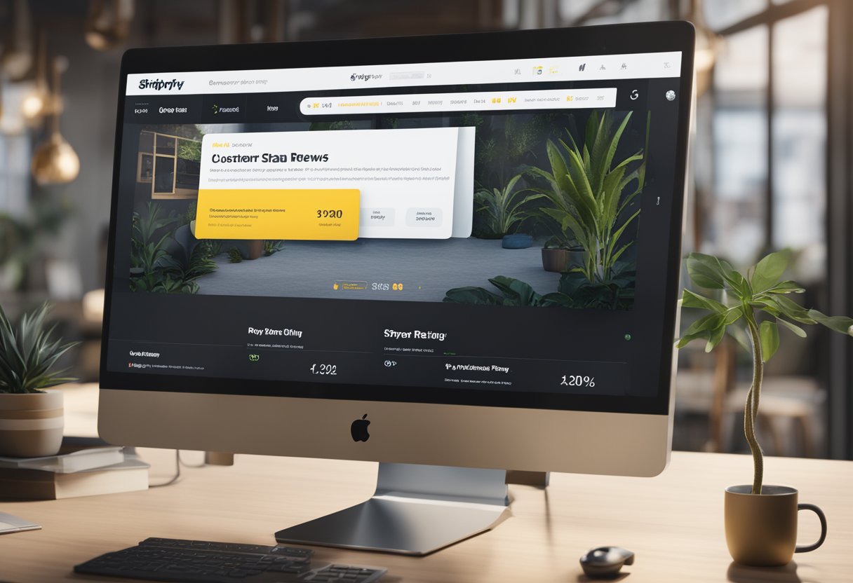 A computer screen displaying a Shopify website with a prominent section dedicated to customer reviews. Positive star ratings and written reviews are visible