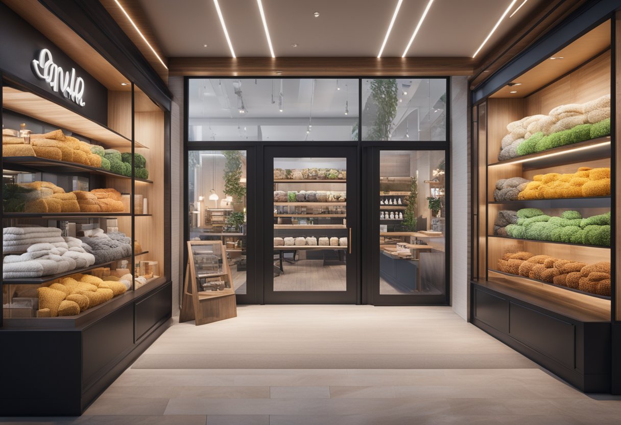 A cozy, modern storefront with a custom logo prominently displayed, surrounded by vibrant, eye-catching branding elements and products
