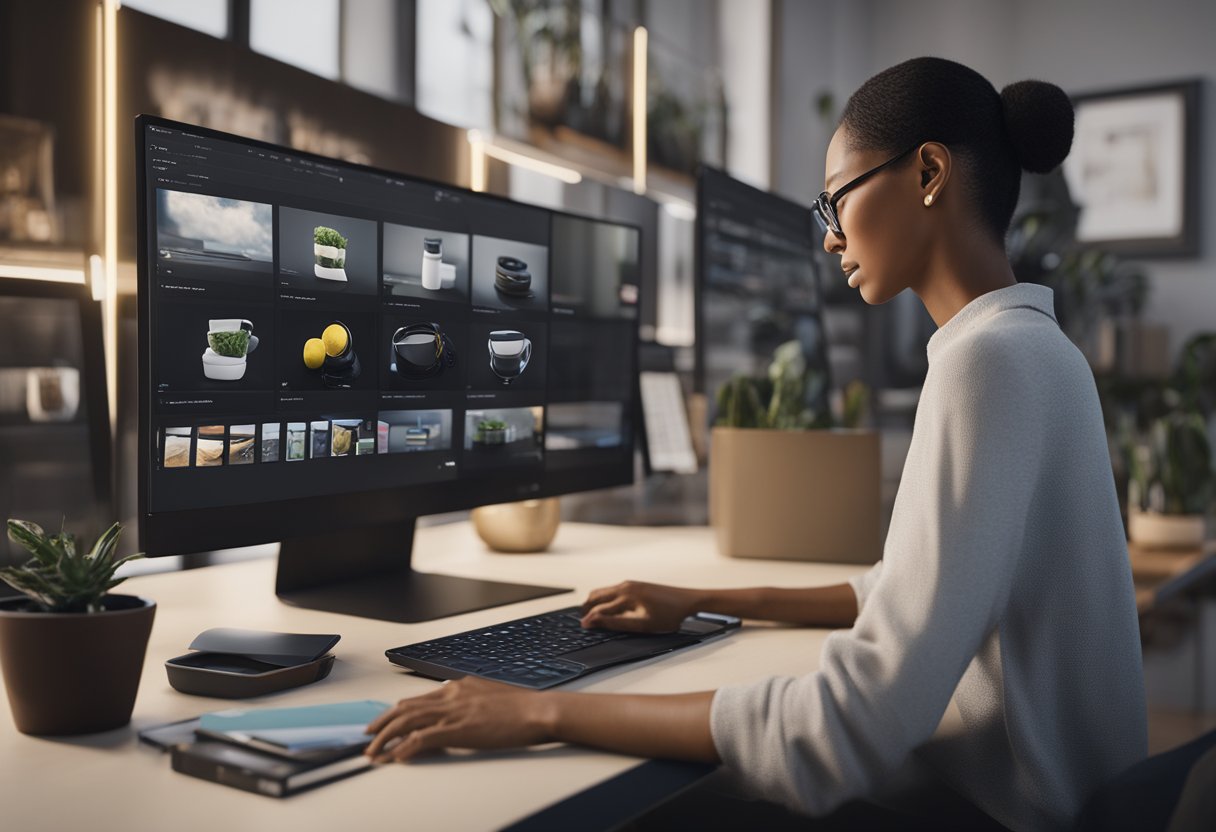 A person using a computer to organize and upload product images onto a Shopify website, with various image files and folders displayed on the screen