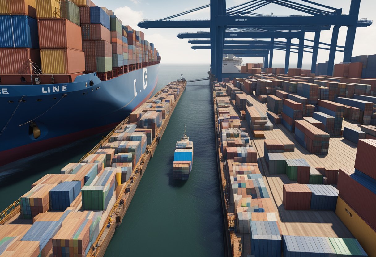 A cargo ship surrounded by international flags unloading packages onto a dock, while a customs officer inspects the goods