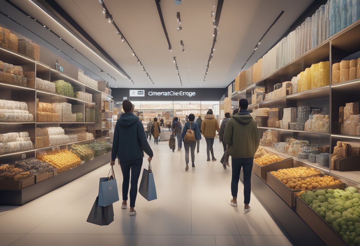 A diverse group of shoppers browsing through a variety of products from around the world, with different currency symbols and price tags displayed