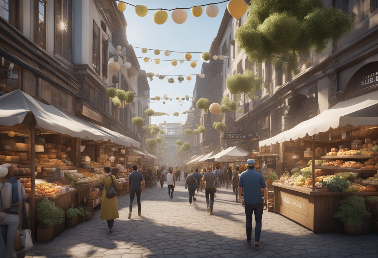 A bustling marketplace with diverse vendors and customers engaging on social media
