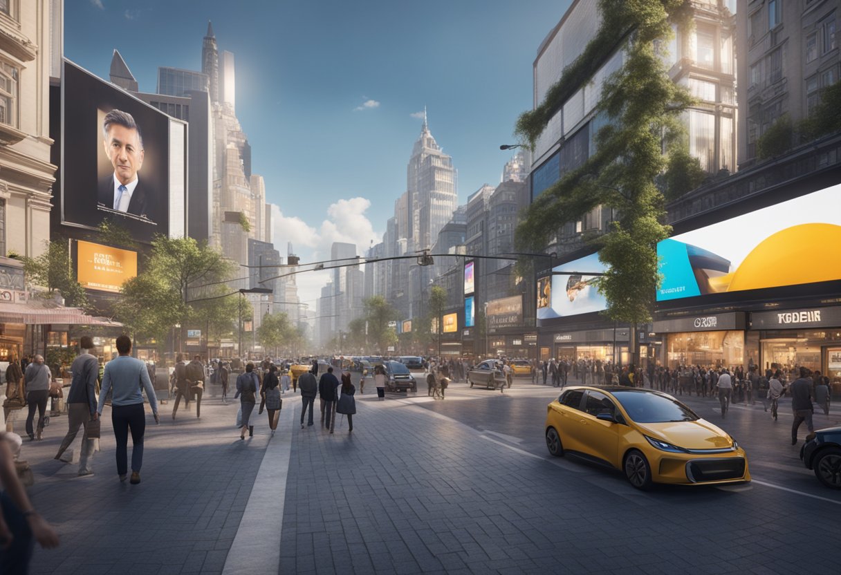 A bustling city street with billboards and digital screens showcasing various products and advertisements, capturing the essence of smart marketing and brand strategy