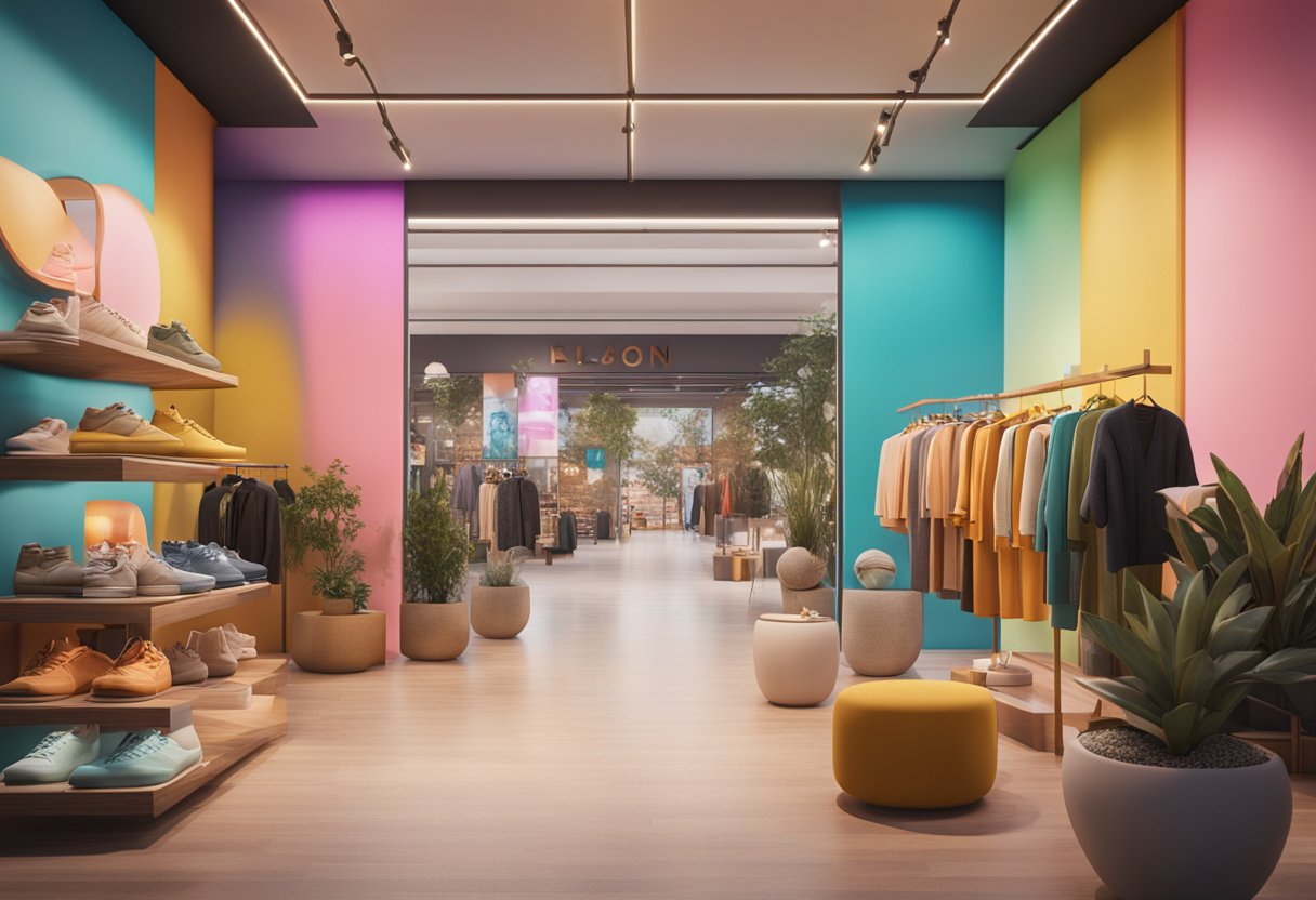 A colorful and inviting storefront with a variety of products on display, including clothing, accessories, and electronics. Bright lights and modern decor create a welcoming atmosphere for shoppers