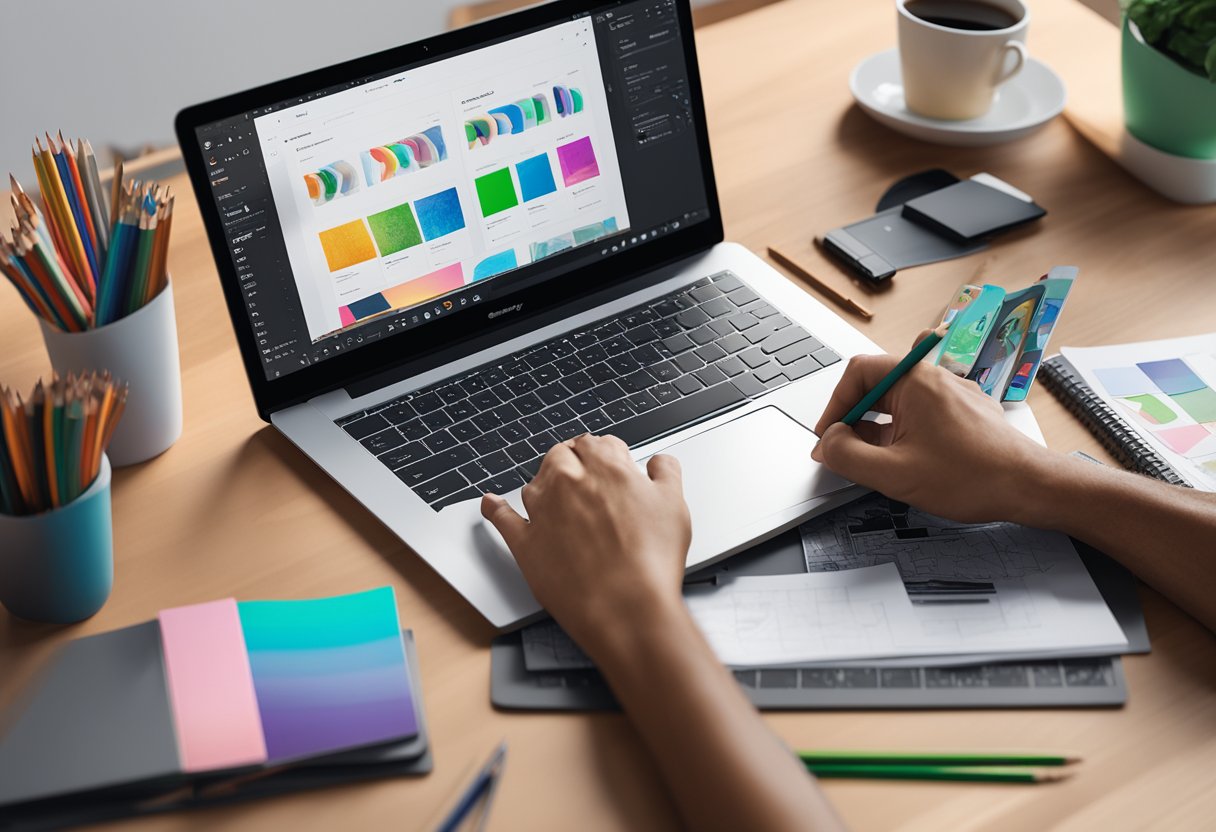 A desk scattered with sketchbooks, pencils, and a laptop displaying custom Shopify themes. A designer's hands work on a colorful mockup