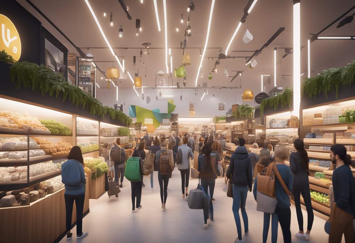 A vibrant marketplace with various products displayed on shelves, a large Shopify logo overhead, and a crowd of diverse customers browsing and interacting with the merchandise