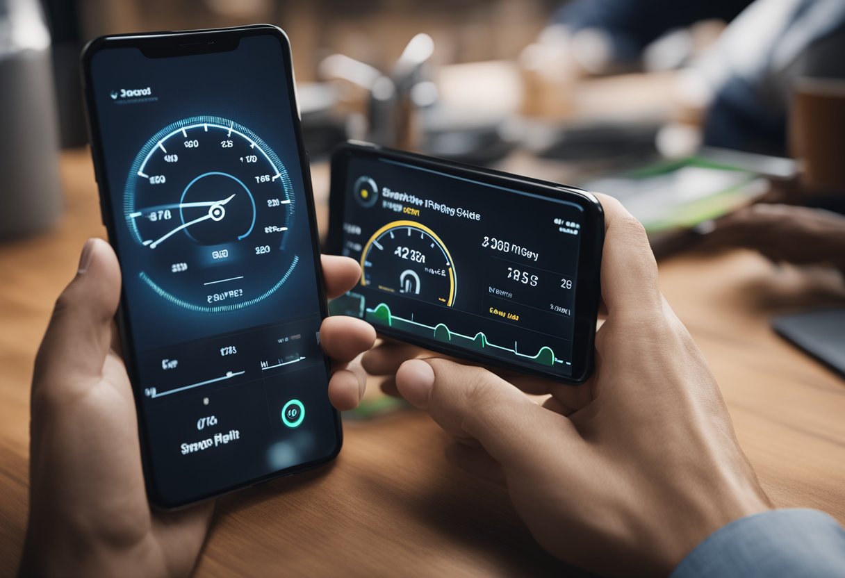 An engineer optimizing code on a mobile device with a speedometer and a Shopify logo in the background