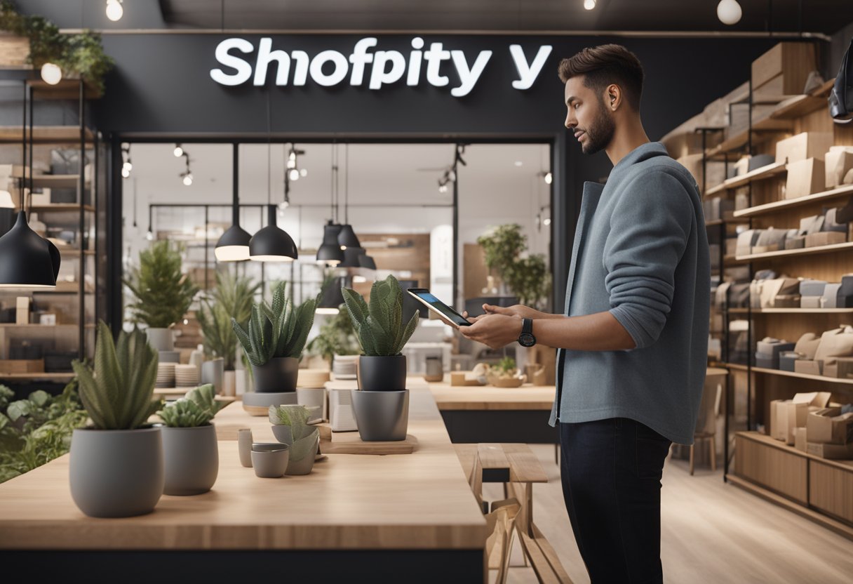 A customer browsing a Shopify store, interacting with a variety of brand touchpoints such as product listings, reviews, and customer support chat