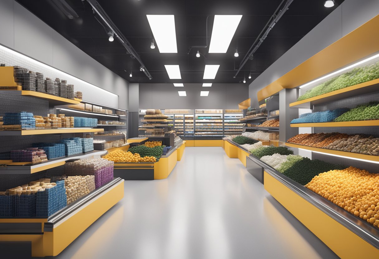 A bustling marketplace with wheelchair ramps, braille signage, and wide aisles for easy navigation. Bright, welcoming colors and clear, simple displays cater to diverse customer needs