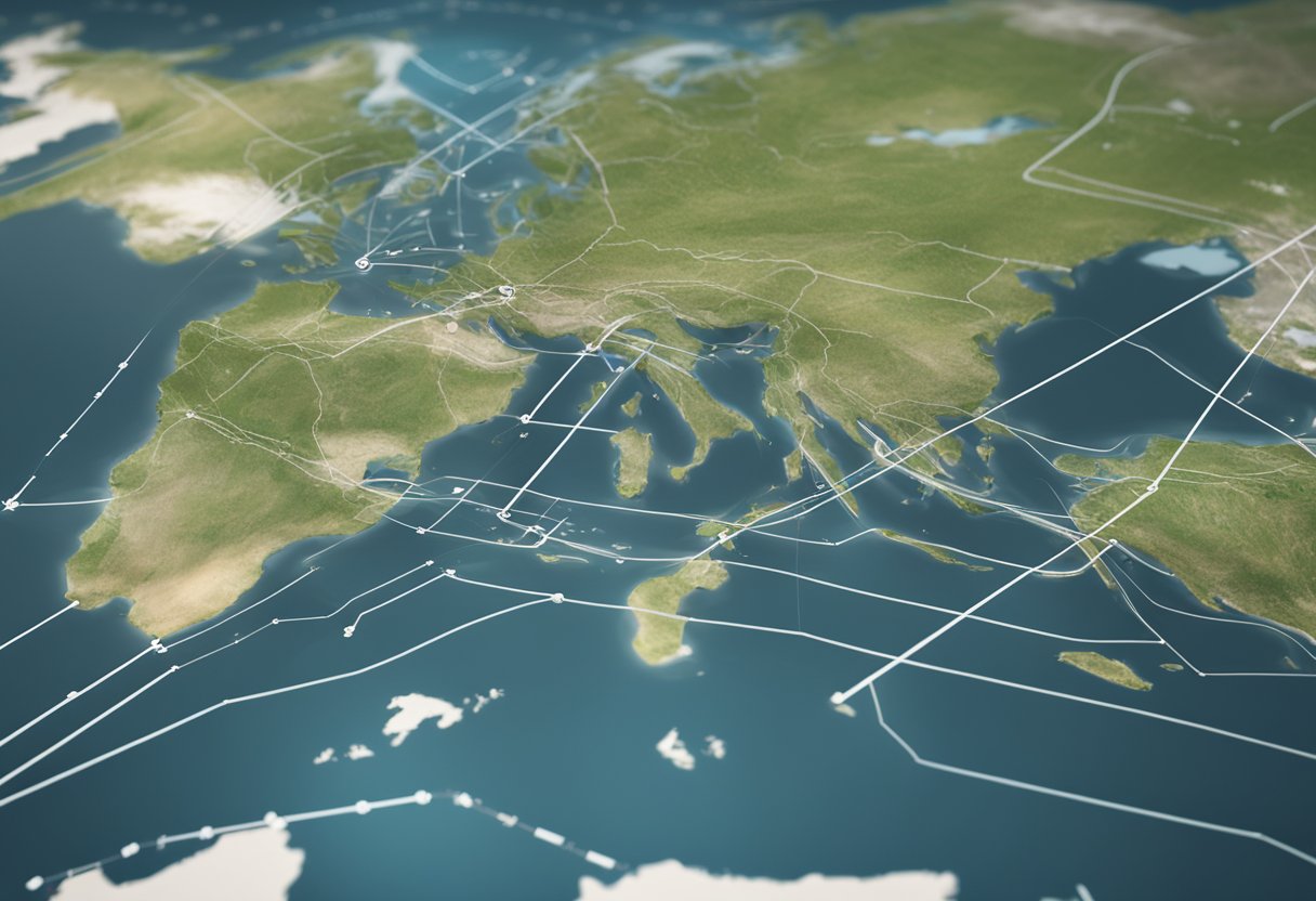 A global map with interconnected lines and arrows, showcasing the seamless international user experience on Shopify