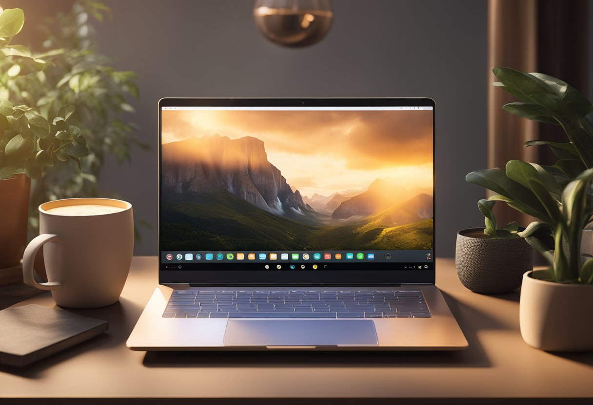 A laptop with a completed Shopify checkout screen, surrounded by a warm, soft afterglow of success