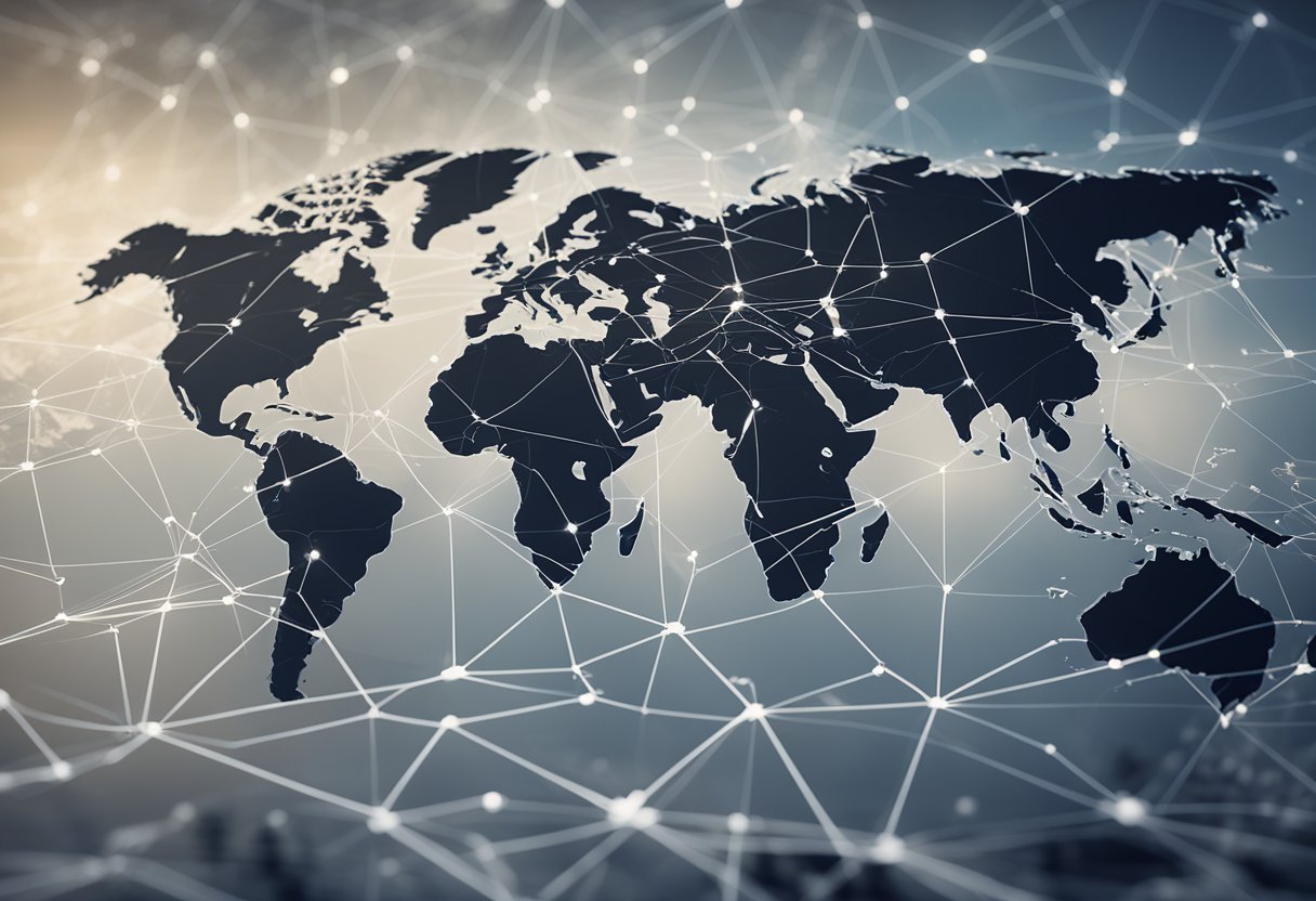 A world map with interconnected lines linking various countries and cities, representing the global expansion of a Shopify business