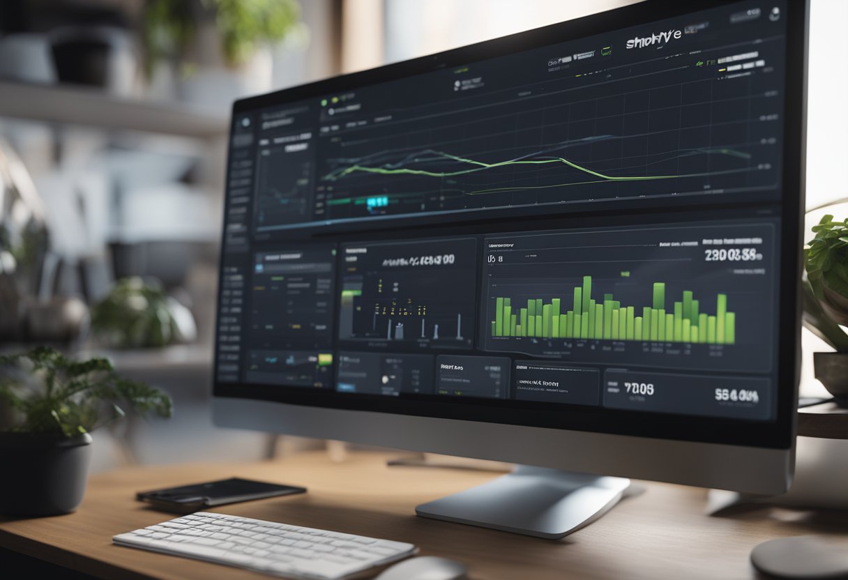 A computer screen displaying a Shopify website with various performance metrics and user experience data being analyzed