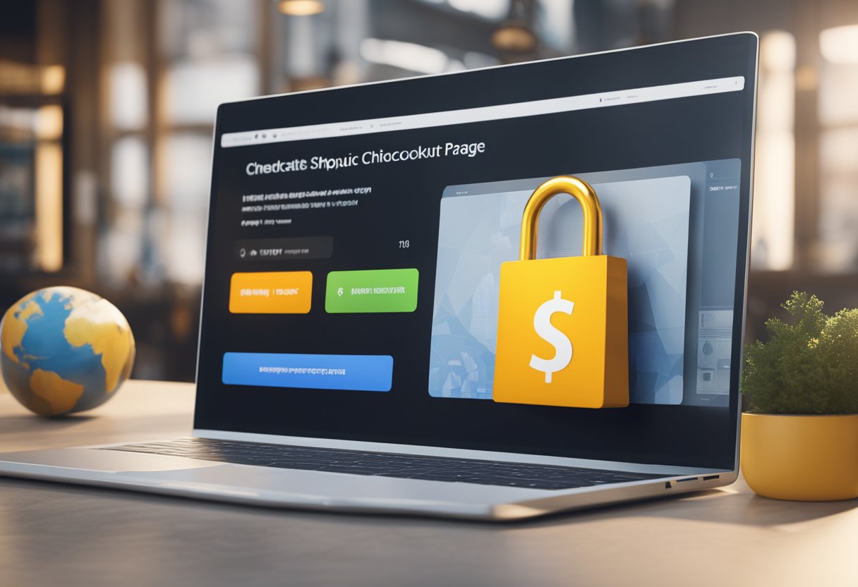 A computer screen displaying a Shopify checkout page with multiple language options, a padlock symbol, and a globe icon
