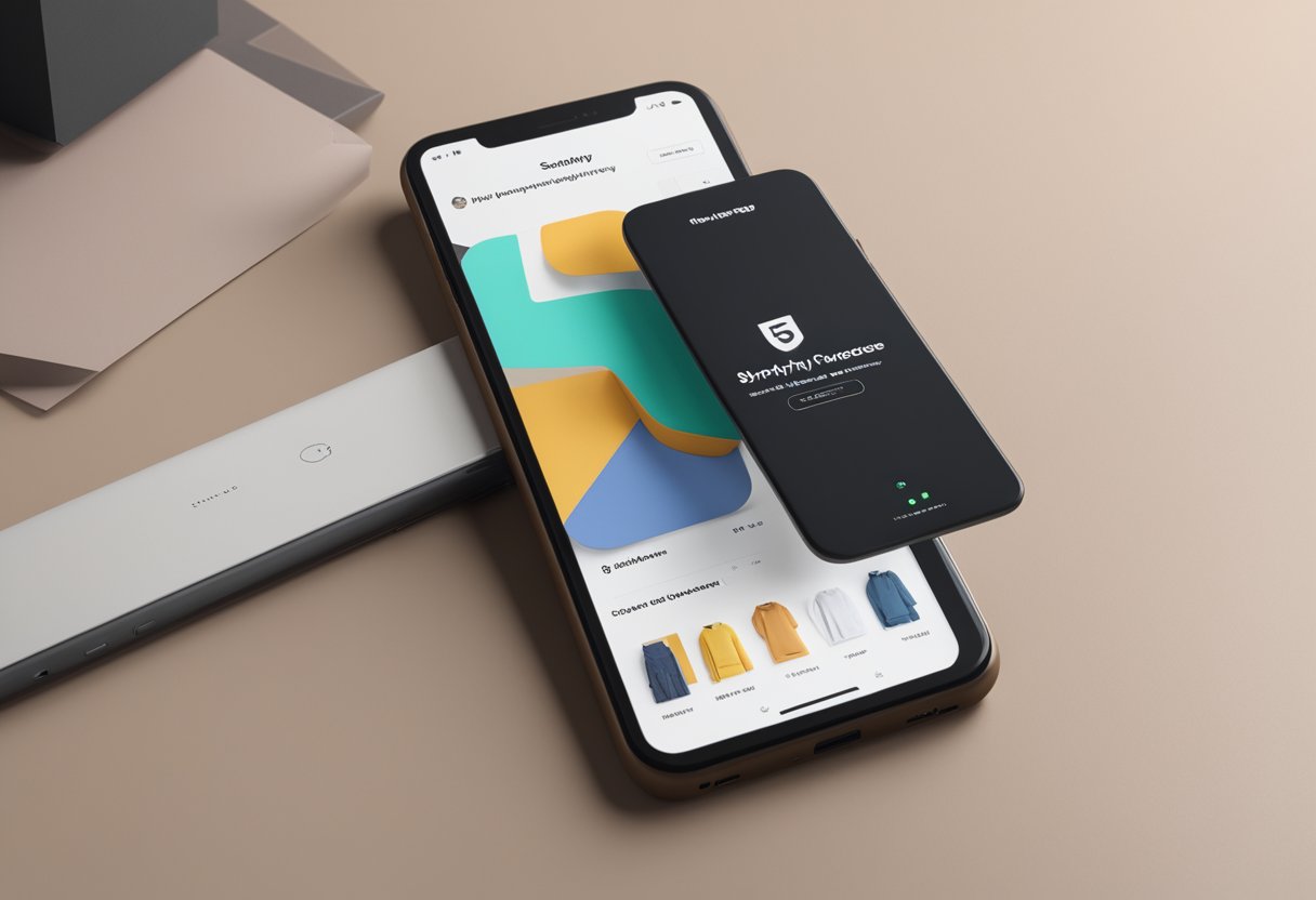 A modern mobile device displaying an advanced Shopify store design with sleek portfolio features