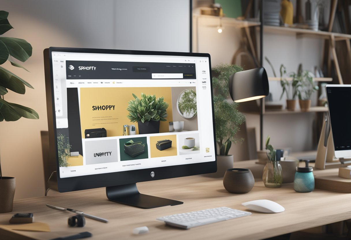 A computer screen displaying a customized Shopify theme with unique branding elements, surrounded by design tools and branding materials