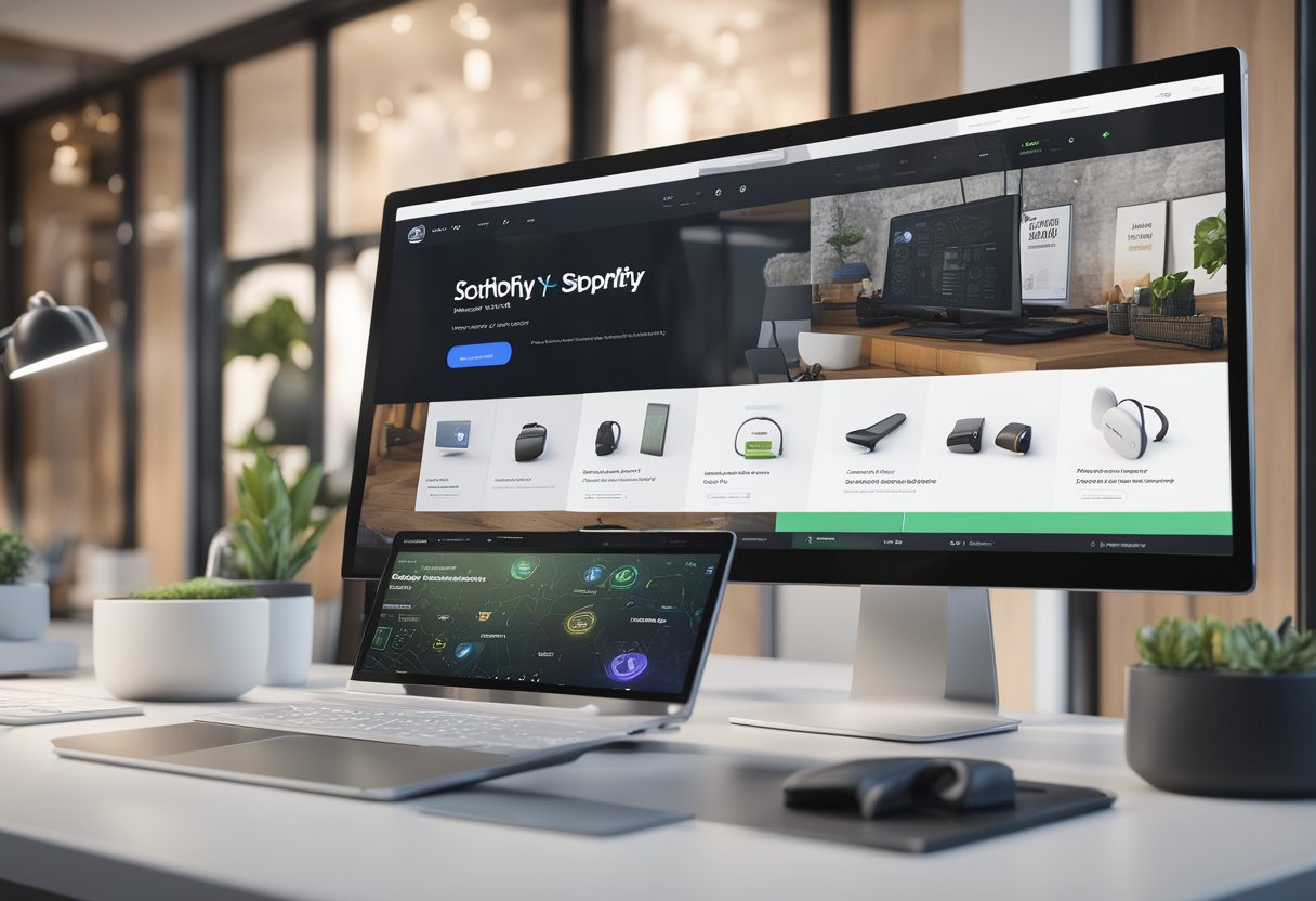 A computer screen with a Shopify store homepage displayed, surrounded by various accessibility plugins icons
