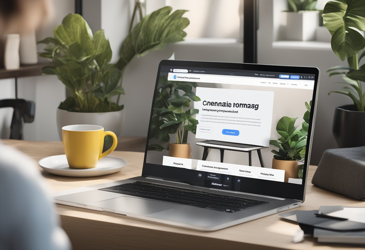 A laptop displaying a Shopify store homepage, surrounded by SEO keywords and content strategy notes