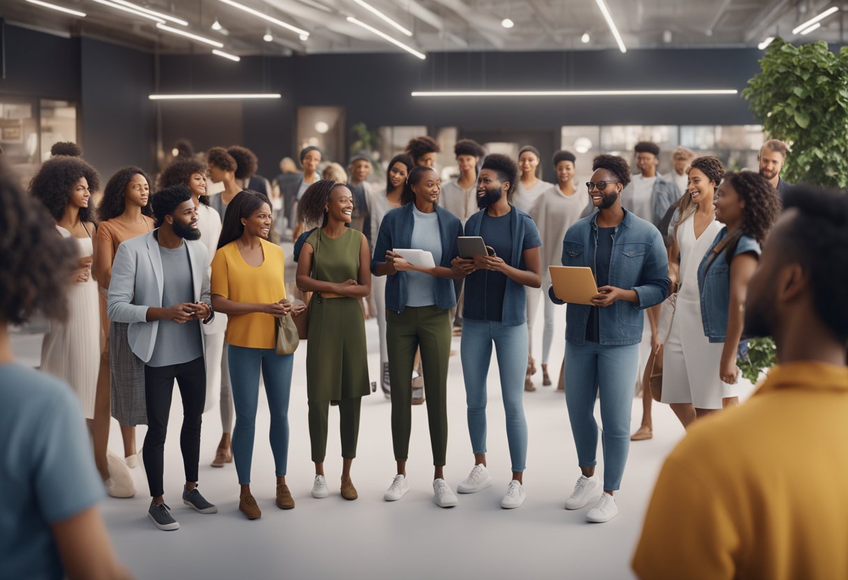 A diverse group of people from around the world interacting with a seamless and user-friendly online shopping platform, receiving personalized support and assistance