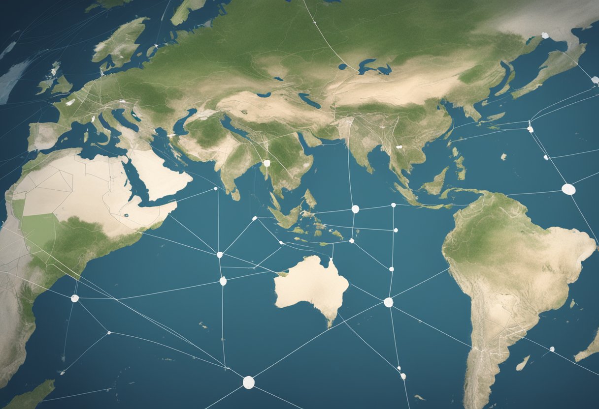 A global map with highlighted countries, connected by dotted lines to a central Shopify logo