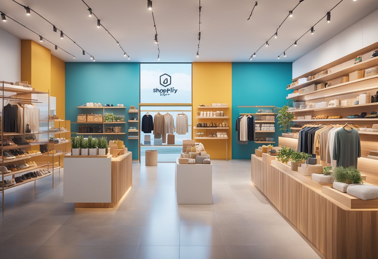 A vibrant, modern storefront with a variety of products, showcasing the Shopify logo and a welcoming atmosphere to engage and retain customers
