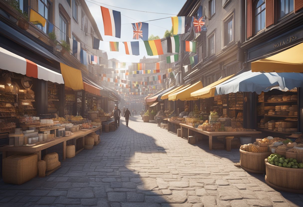 A global marketplace with diverse storefronts and flags from different countries, showcasing products and services