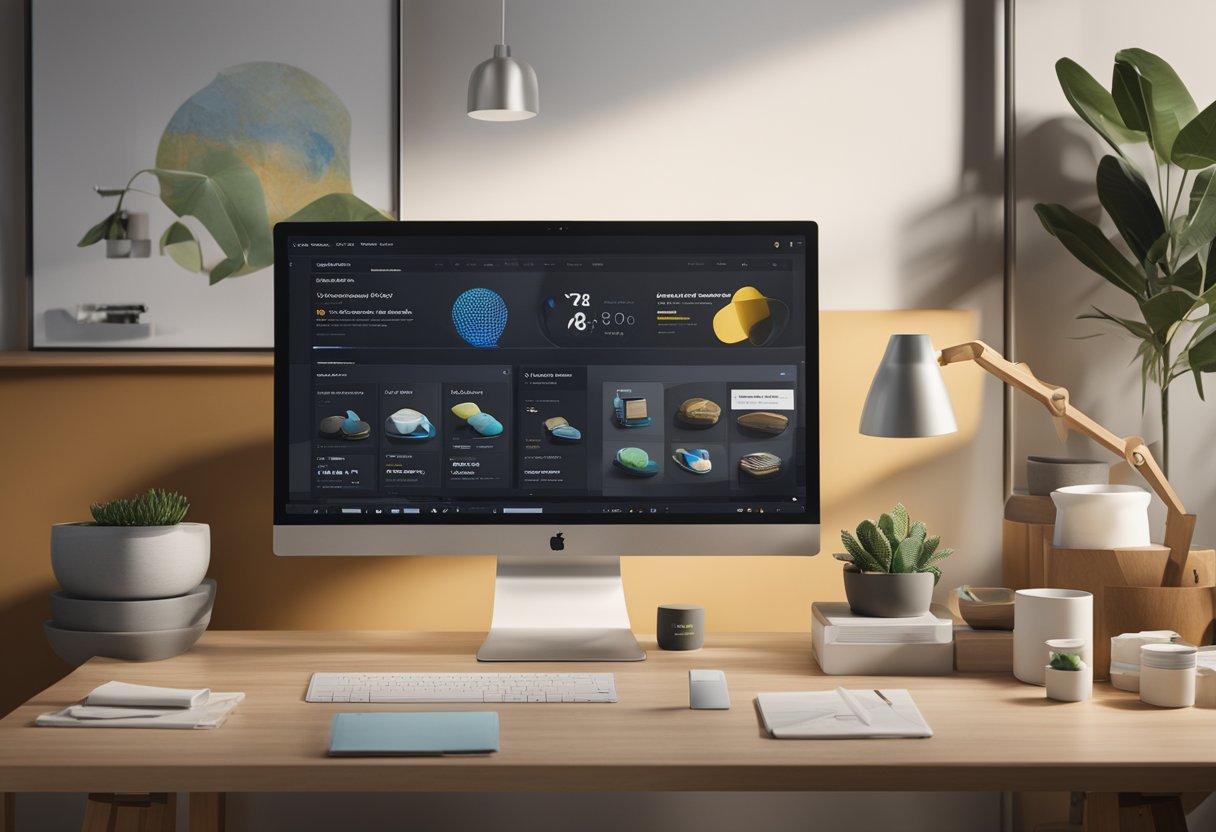 A computer with a Shopify website open, displaying various product images being optimized for SEO and user engagement
