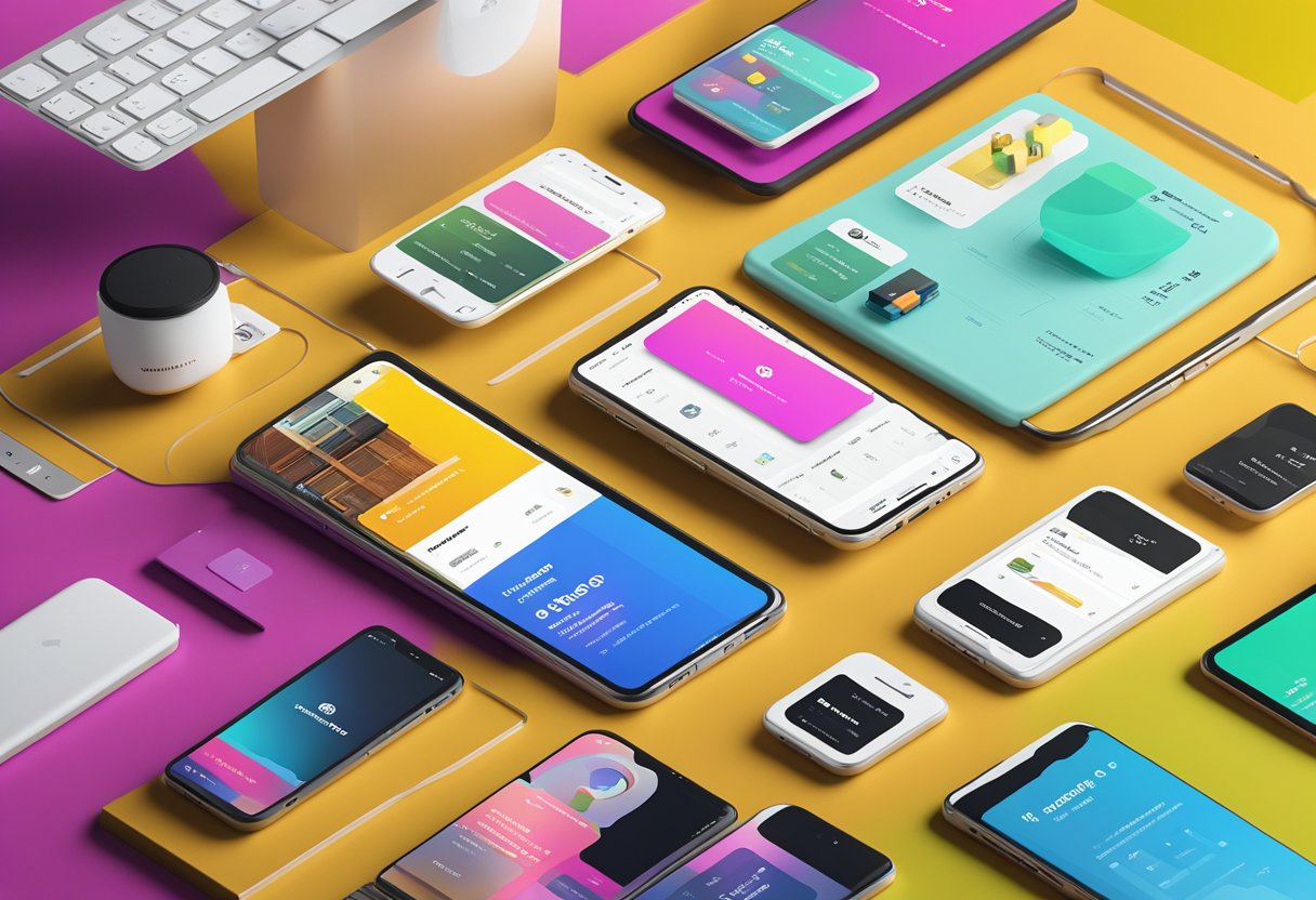 A smartphone displaying a Shopify mobile design resources page with vibrant colors and engaging graphics, surrounded by various mobile devices and accessories