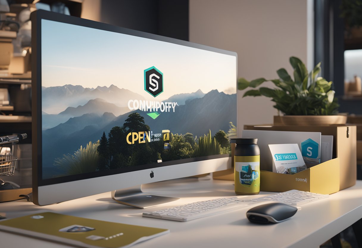 A computer with a Shopify store open, surrounded by branding materials like logos, packaging, and promotional materials