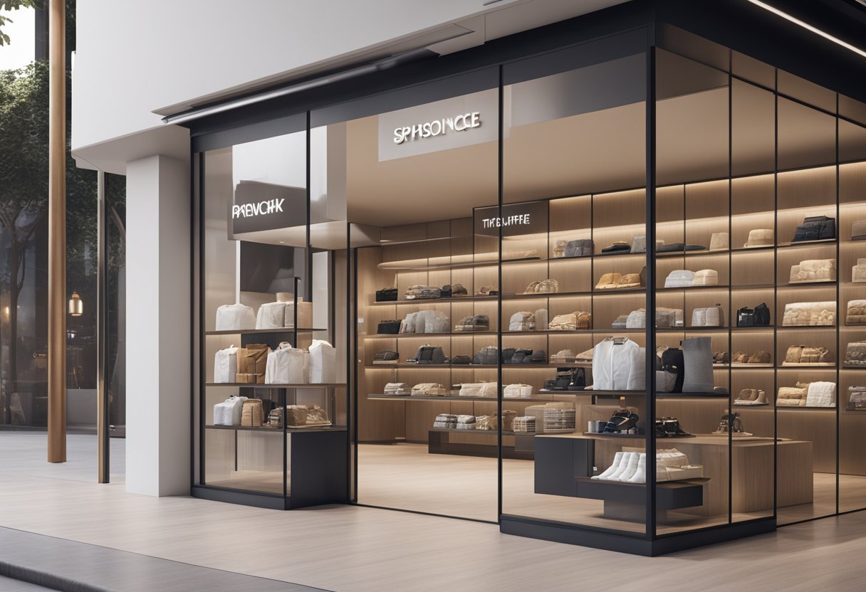 A modern storefront with a sleek digital display showcasing various products on a responsive Shopify template
