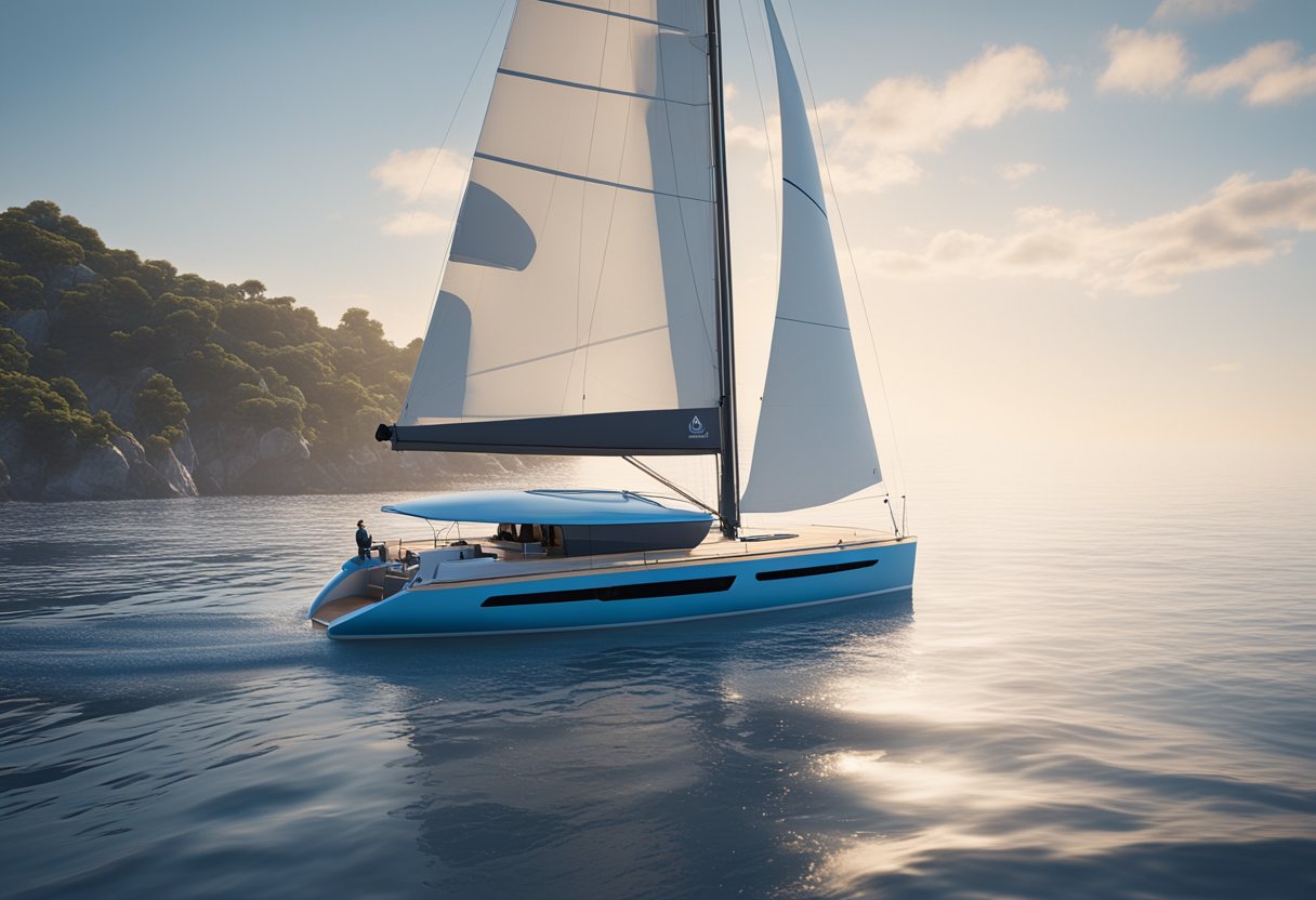 A sleek, modern sailing boat glides effortlessly across calm, blue waters, with clear navigation elements visible on the Shopify homepage