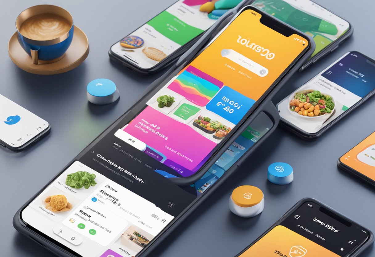 A smartphone displaying a Shopify mobile shopping cart with various products and a checkout button, surrounded by vibrant and engaging visuals