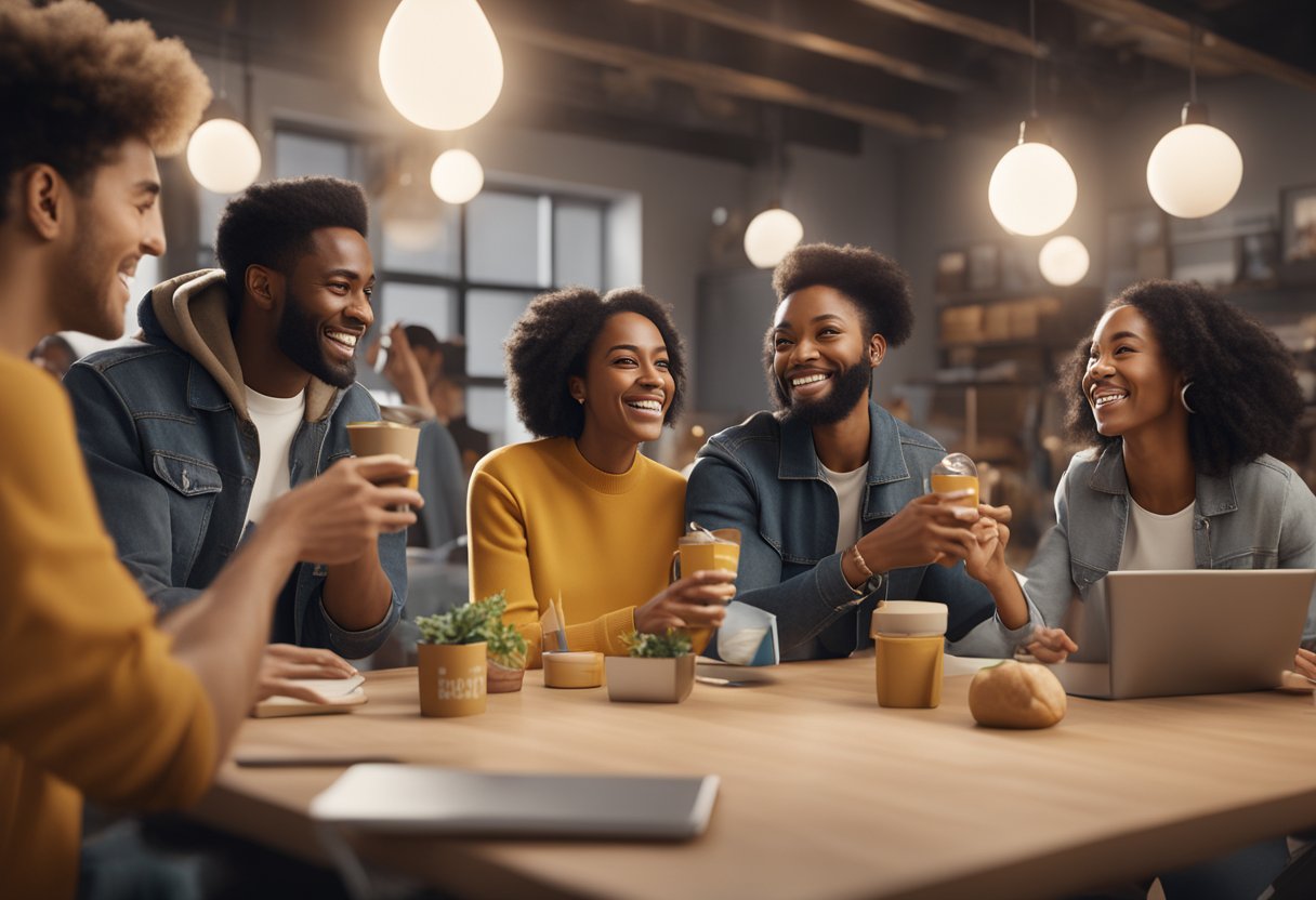 A group of diverse people happily interacting with a Shopify brand, showing excitement and satisfaction with the products