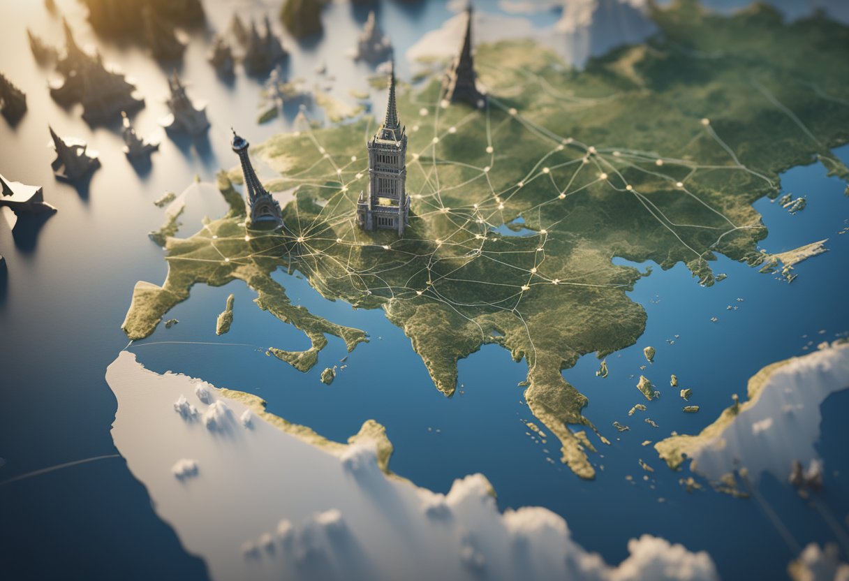 A world map with interconnected lines linking various countries, surrounded by iconic landmarks representing different cultures