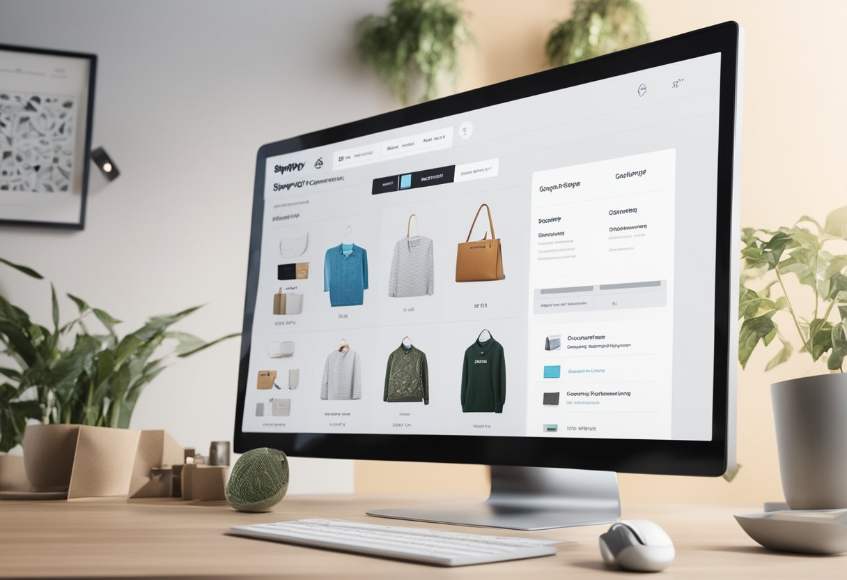 A computer screen displaying the Shopify checkout page with the order review section highlighted, surrounded by various e-commerce related icons and graphics