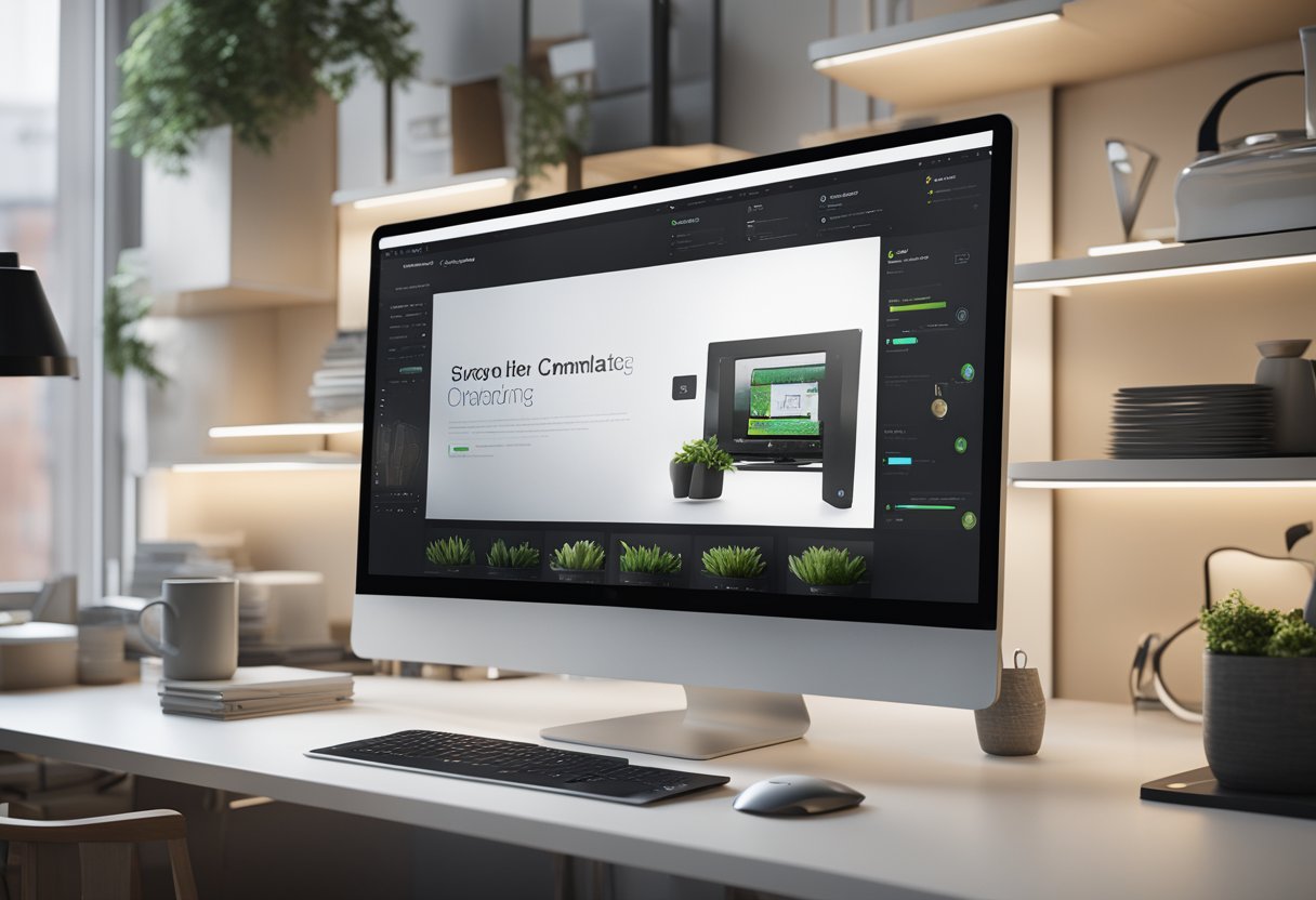 A computer screen displaying various customizable options for a Shopify store, surrounded by a sleek and modern workspace