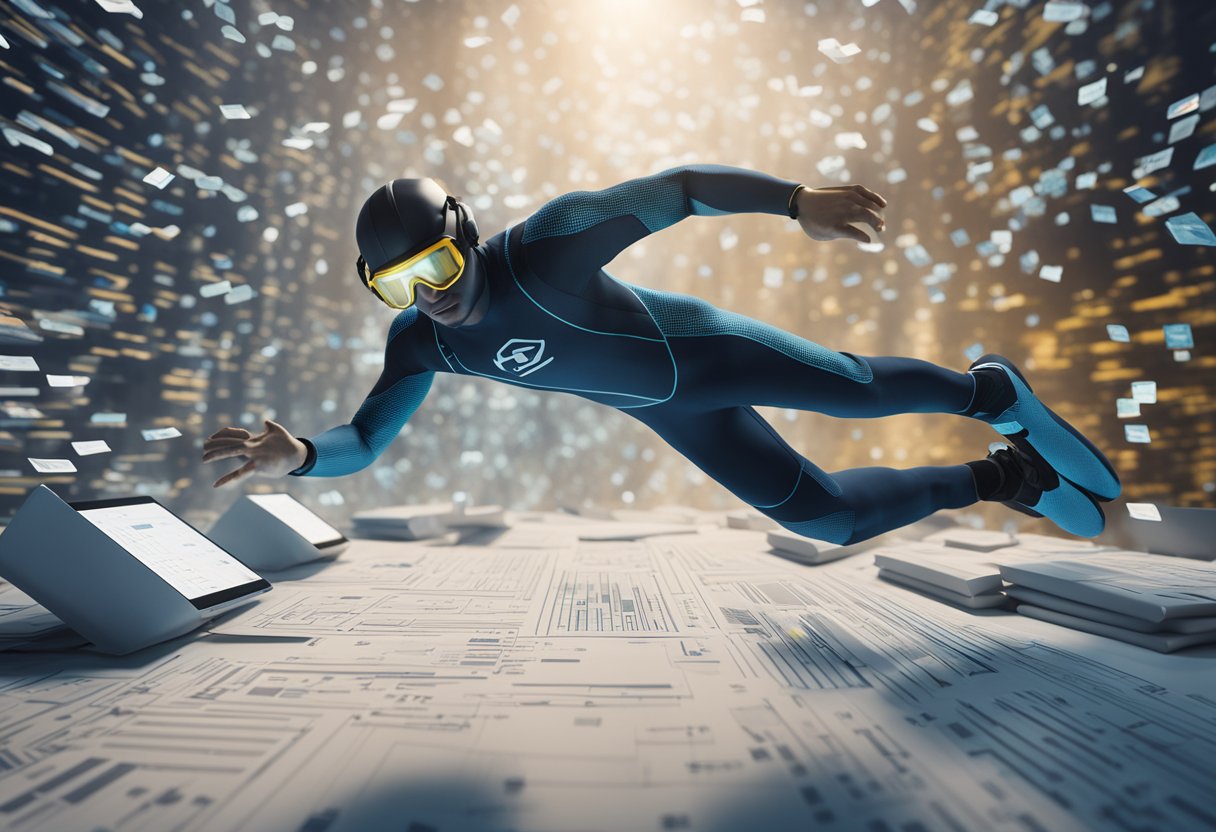 A person diving into a sea of data, surrounded by graphs and charts, with a Shopify logo in the background