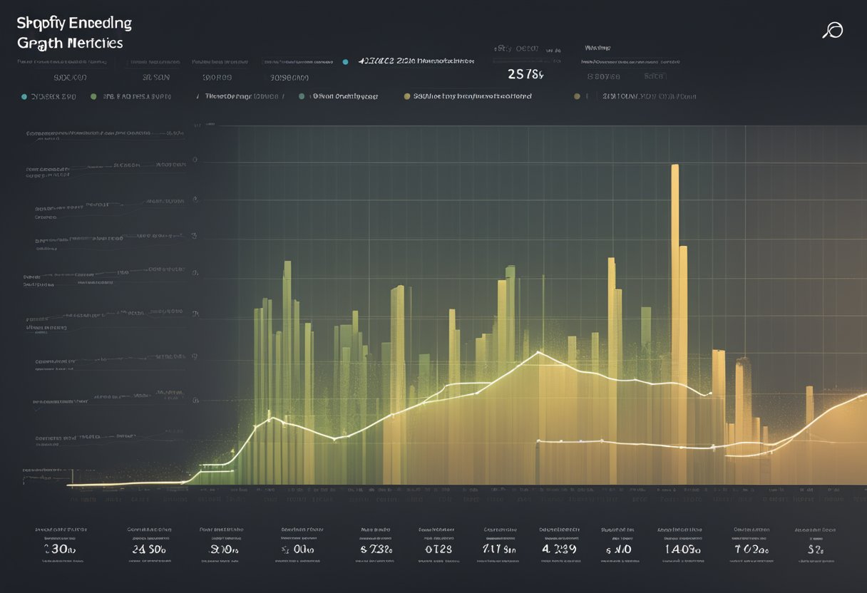 A graph showing Shopify performance metrics with various data points and trend lines