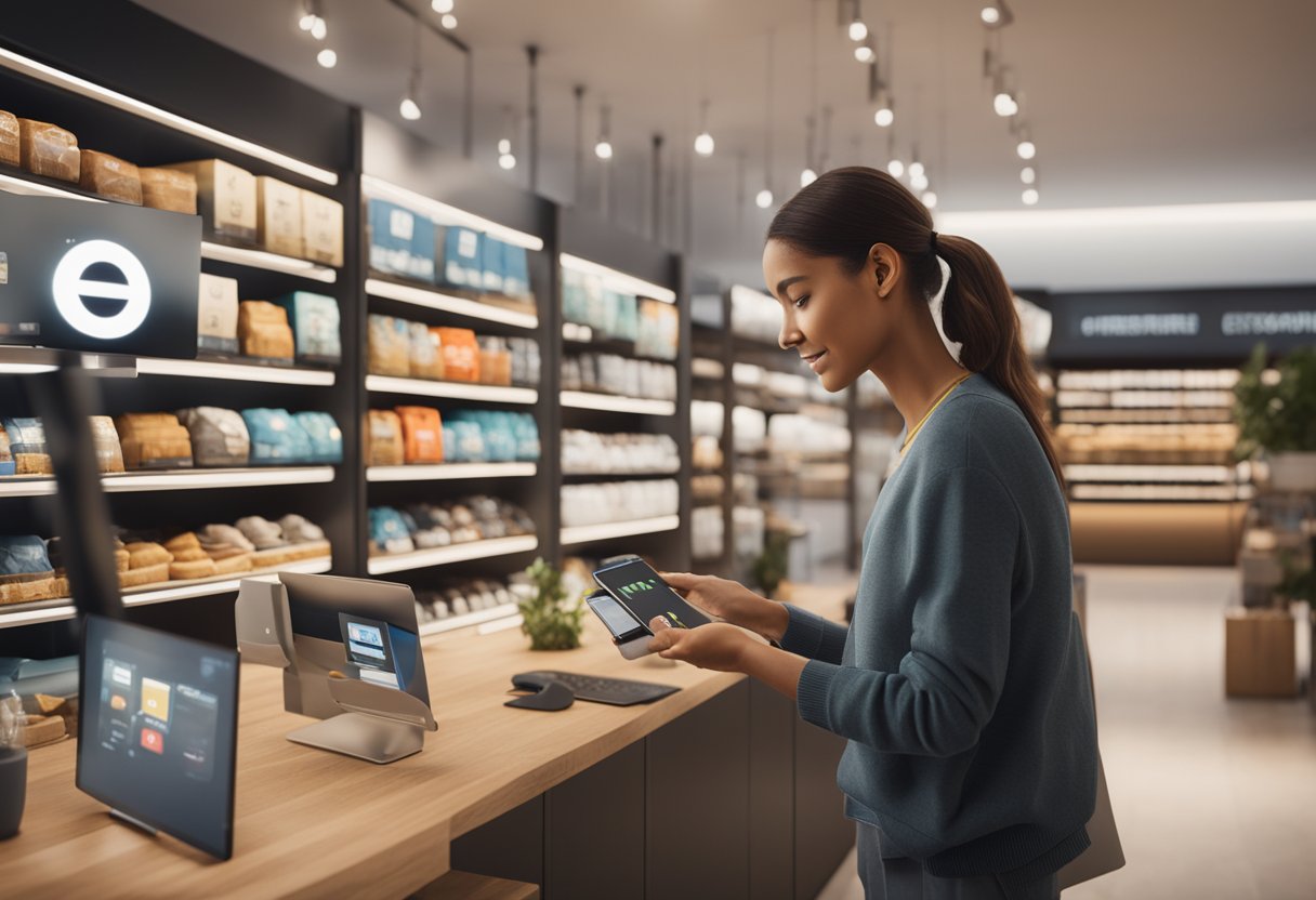 A customer confidently completing a purchase on a Shopify website, with trust signals such as secure payment icons and customer reviews displayed prominently during the checkout process