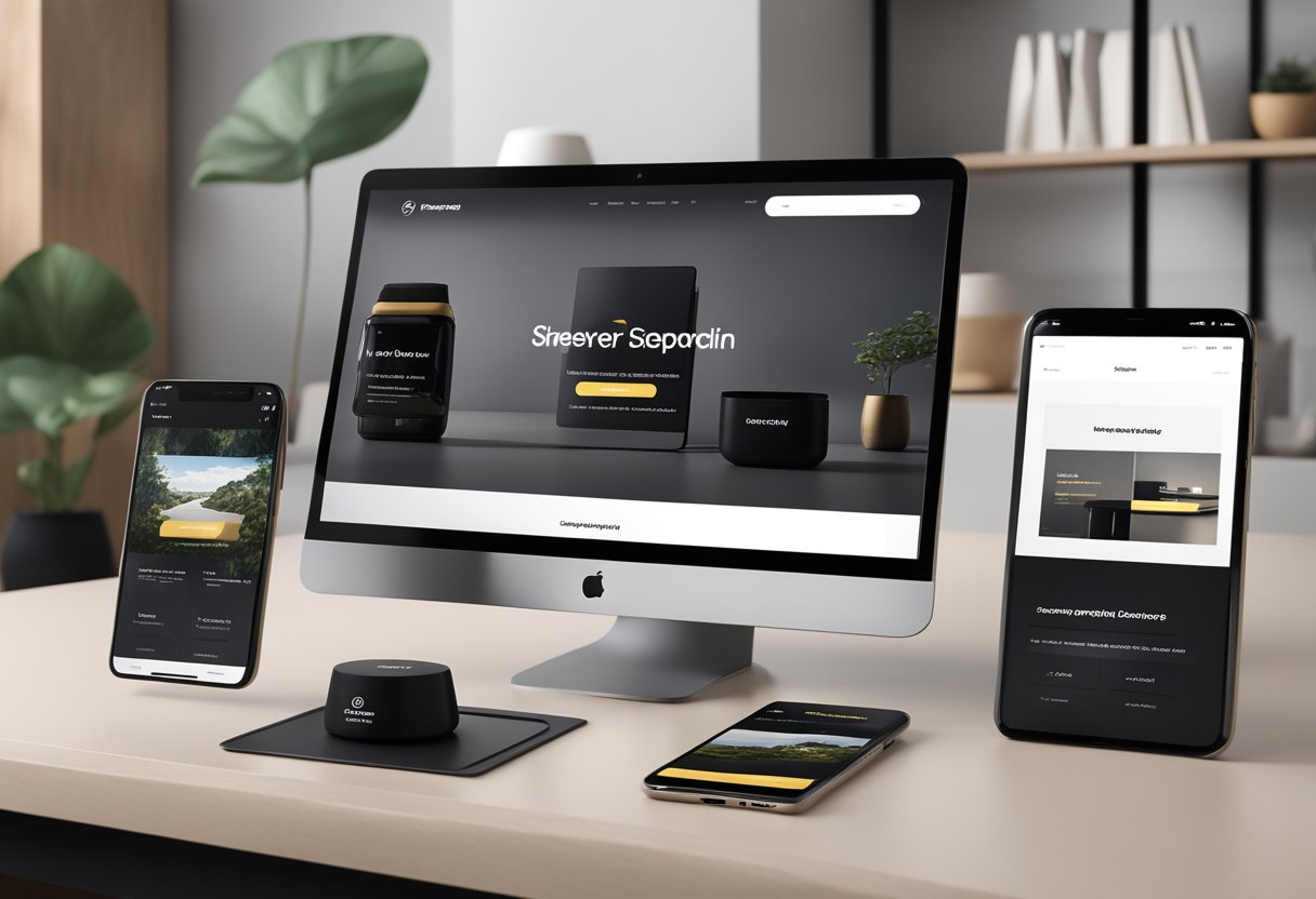 A sleek and modern Shopify store displayed on various devices, including a laptop, tablet, and smartphone, with a focus on responsive design and user-friendly interface